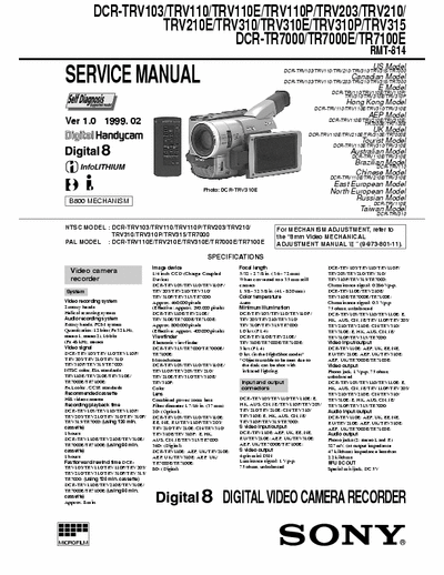 Sony DCR-TRV103/TRV110/TRV210/TVR310/TVR315/TR7000/TR7100/RMT814 Sony Digital 8 Camcorder DCR-TRV103/TRV110/TRV210/TVR310/TVR315/TR7000/TR7100/RMT814 Service Manual